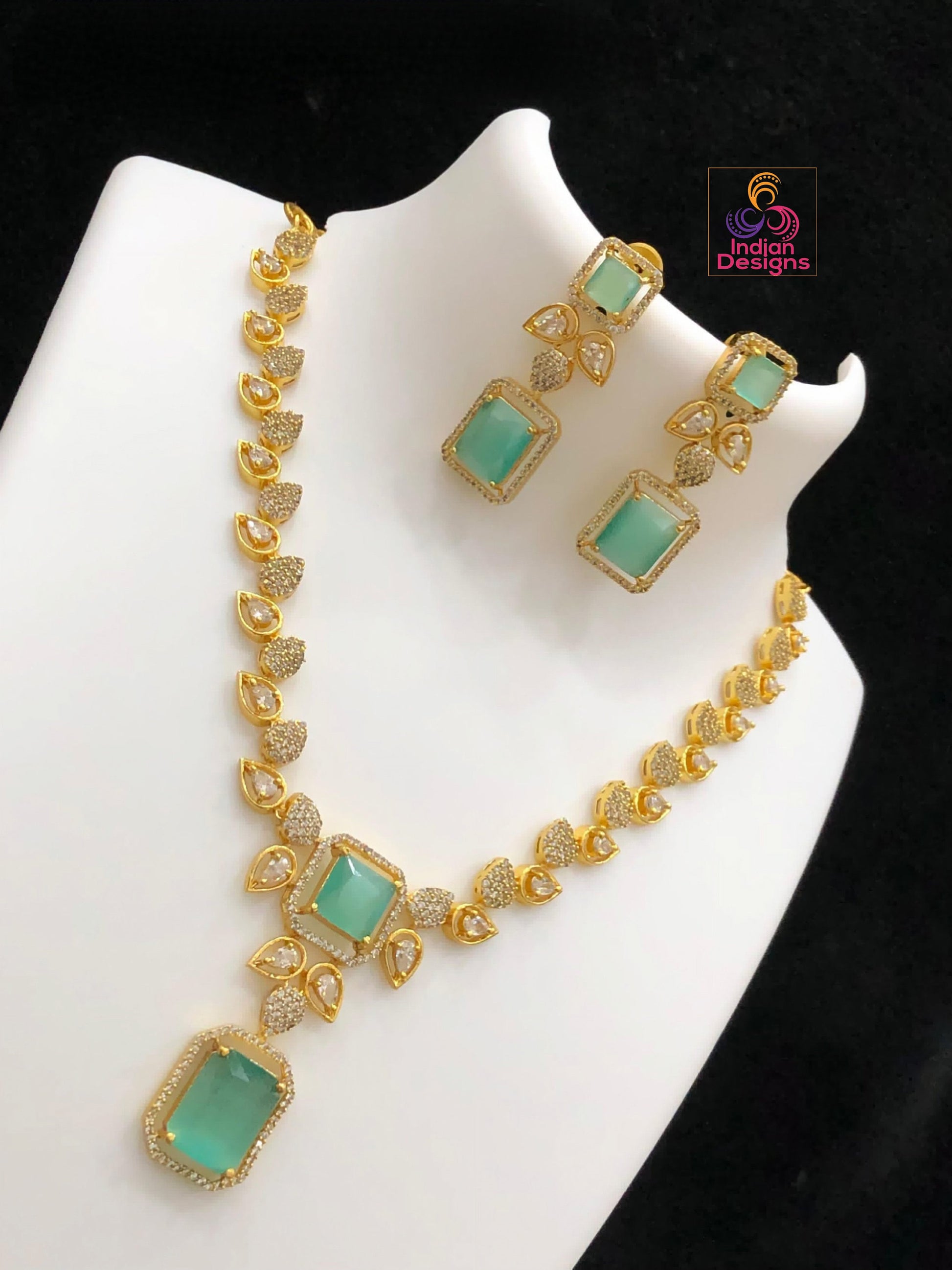 Gold Plated Necklace and Earrings Set with American Diamond Mint Green - Luxurious Teardrop and Square Gemstone Jewelry Set| Gift For Her