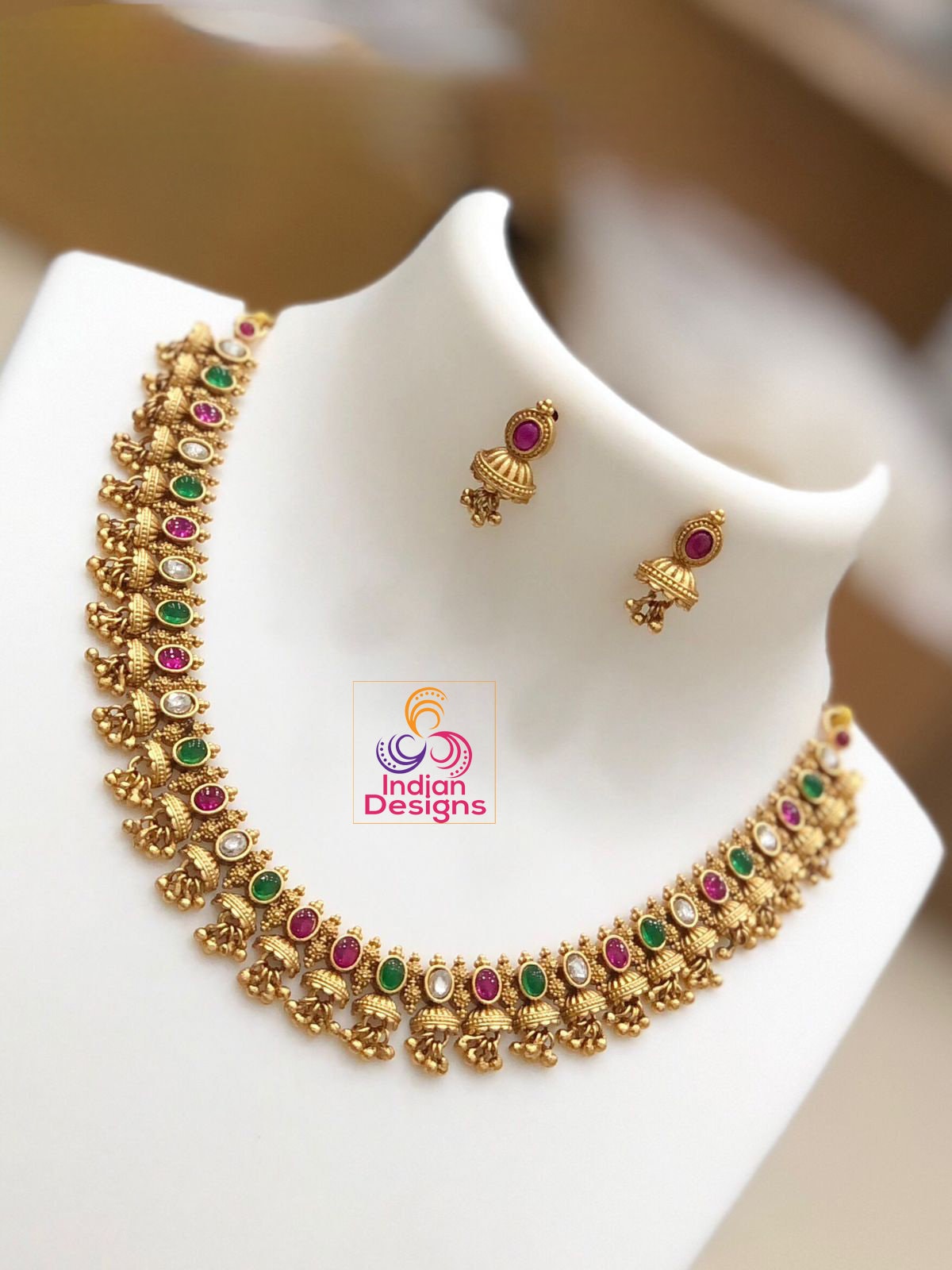 Traditional Matte Gold choker Necklace and small Jhumka Earrings Set |Indian Designs |Ethnic Indian Bridal Wedding Jewelry Set |Gift for her