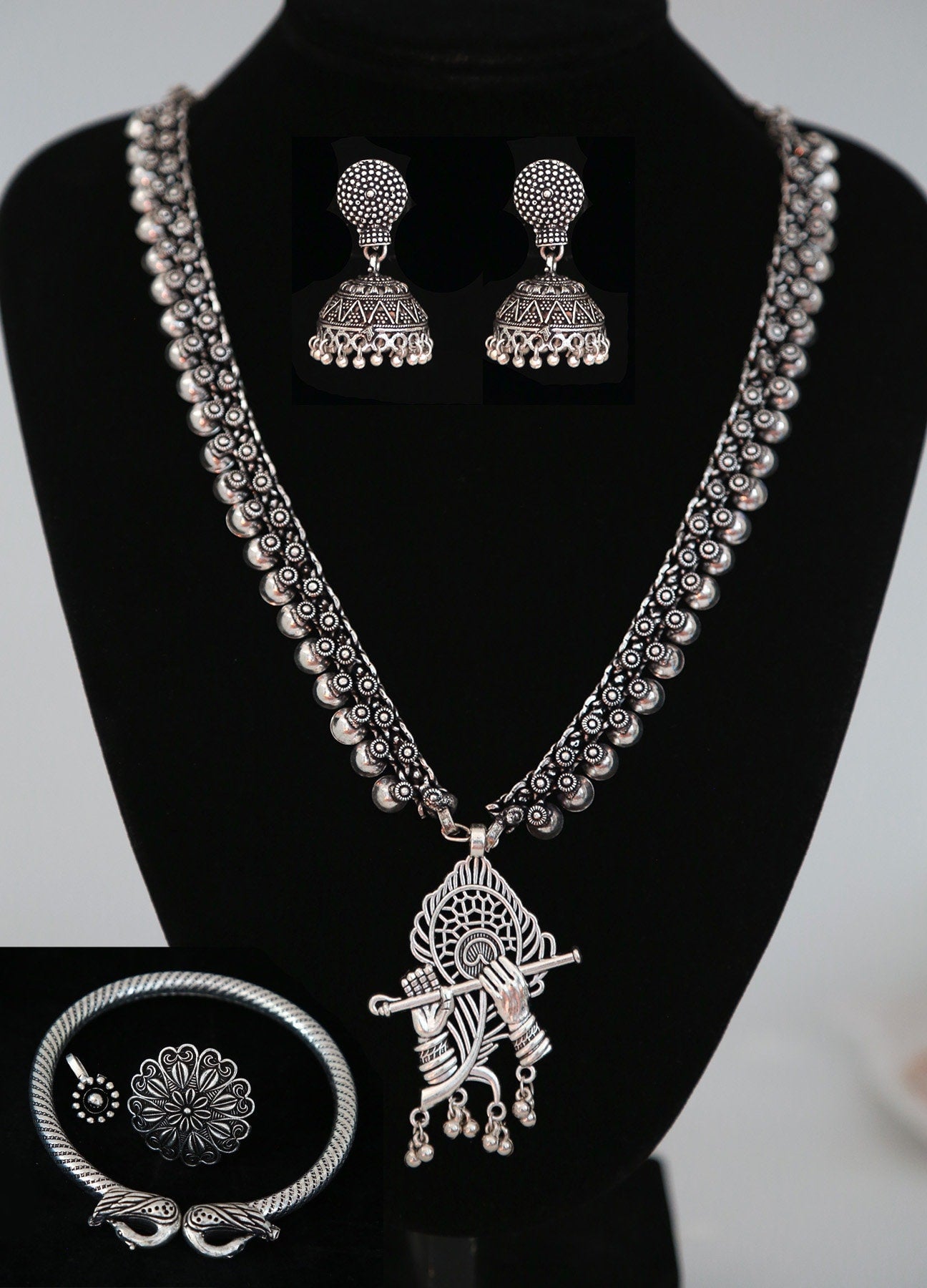 Traditional Oxidized Silver Jewelry Set with Radha Krishna Pendant, Jhumka Earrings,Bracelet,Ring and Nose clip|Indian Ethnic Temple Jewelry