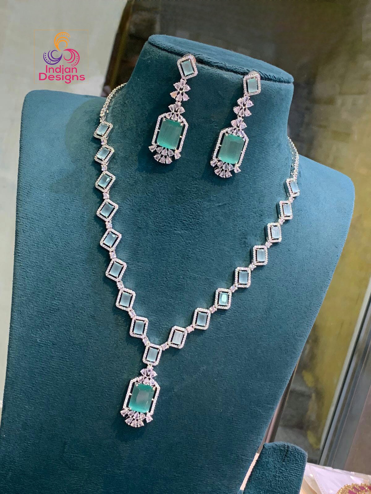Exclusive Silver-Toned American Diamond Necklace and Earring Set | Indian Wedding Jewelry |Ruby Diamond Silver necklace set | Gift For Her