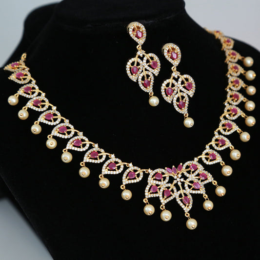 Gold-Plated American Diamond Necklace and Earrings Set with Ruby Accents and Pearls| CZ Diamond Topaz/Blue Sapphire Necklace| Gift for her