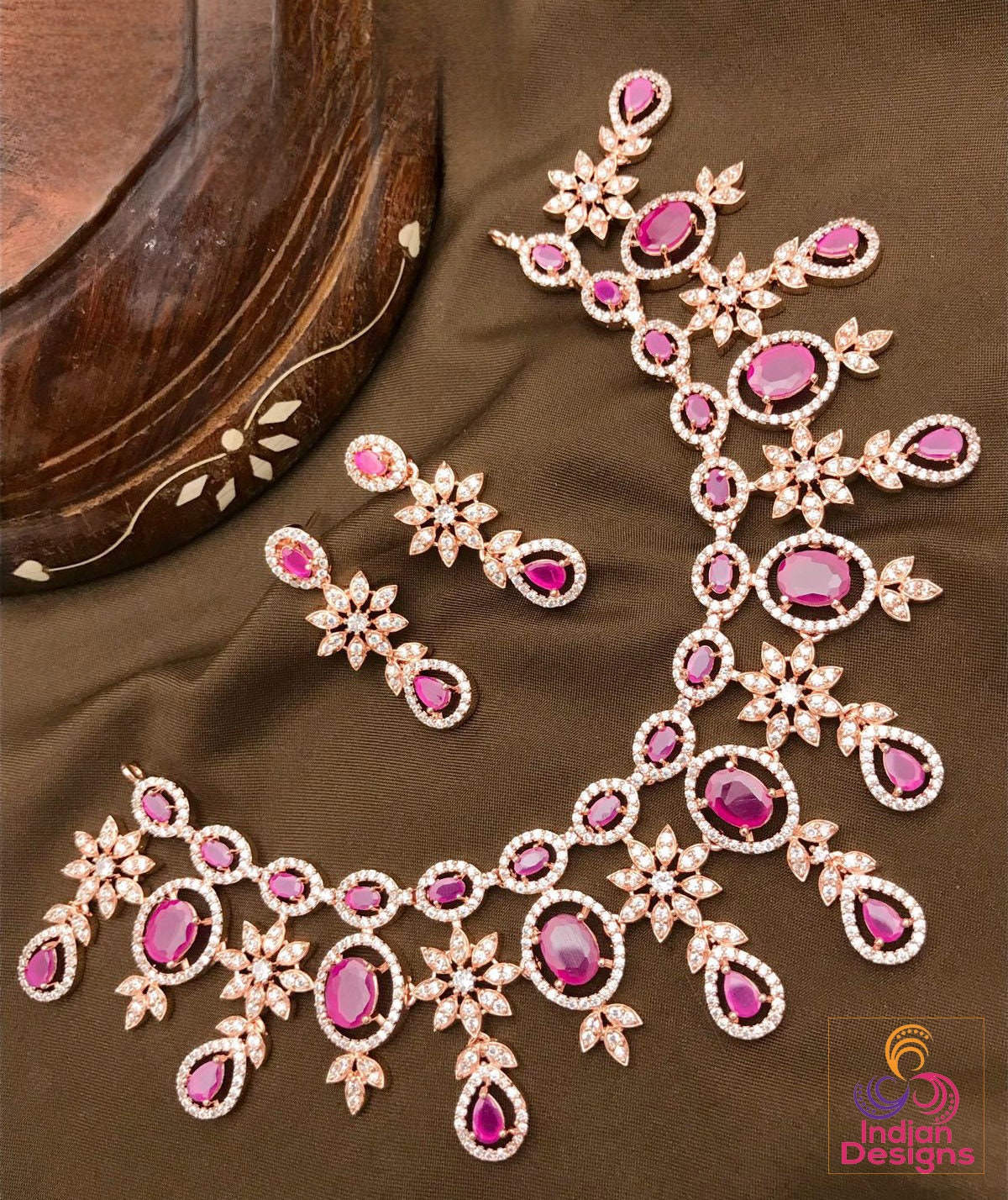American Diamond Rose Gold Necklace Earrings Wedding Necklace set | Pink Cz Stone Indian Jewelry |Statement Necklace |Indian Designs Jewelry