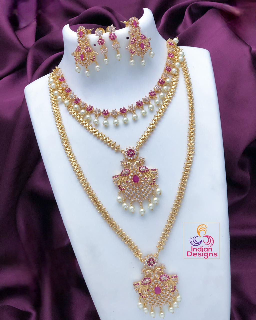 Gold Plated American Diamond CZ Haram Long & short necklace combo, South Indian Wedding Jewelry set, Bollywood fashion Jewelry, Gift for Her