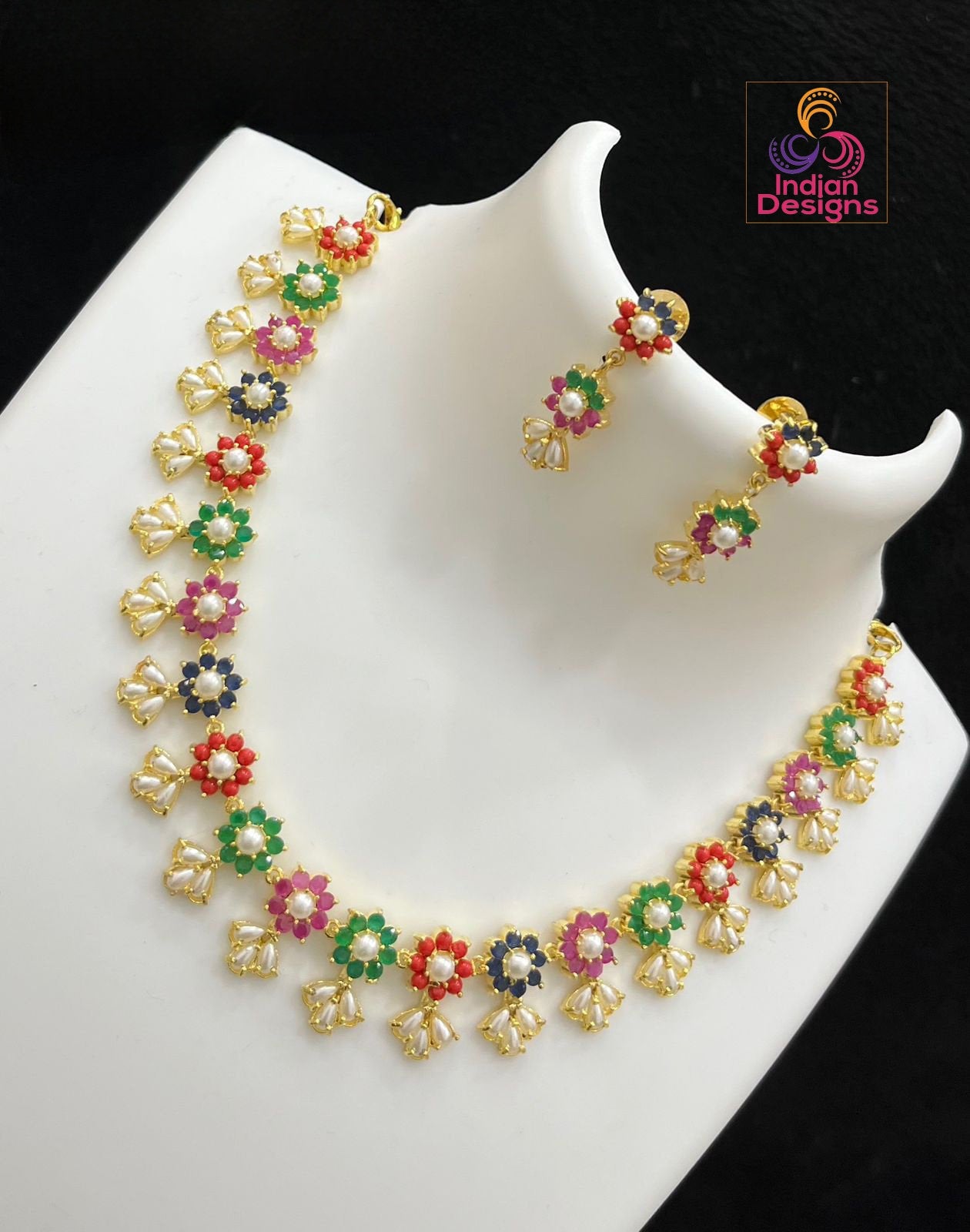 Gold Plated Exclusive Pearls,Red coral and American Diamond Floral motif Necklace Earring set|Indian Jewelry|Statement jewelry|Gift for her