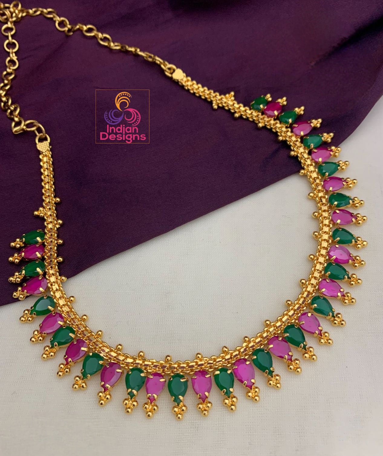 One Gram Gold Traditional South Indian style choker Jhumka set | American Diamond Pink/Green/Sky blue/Ruby Stone choker set | Gift For her