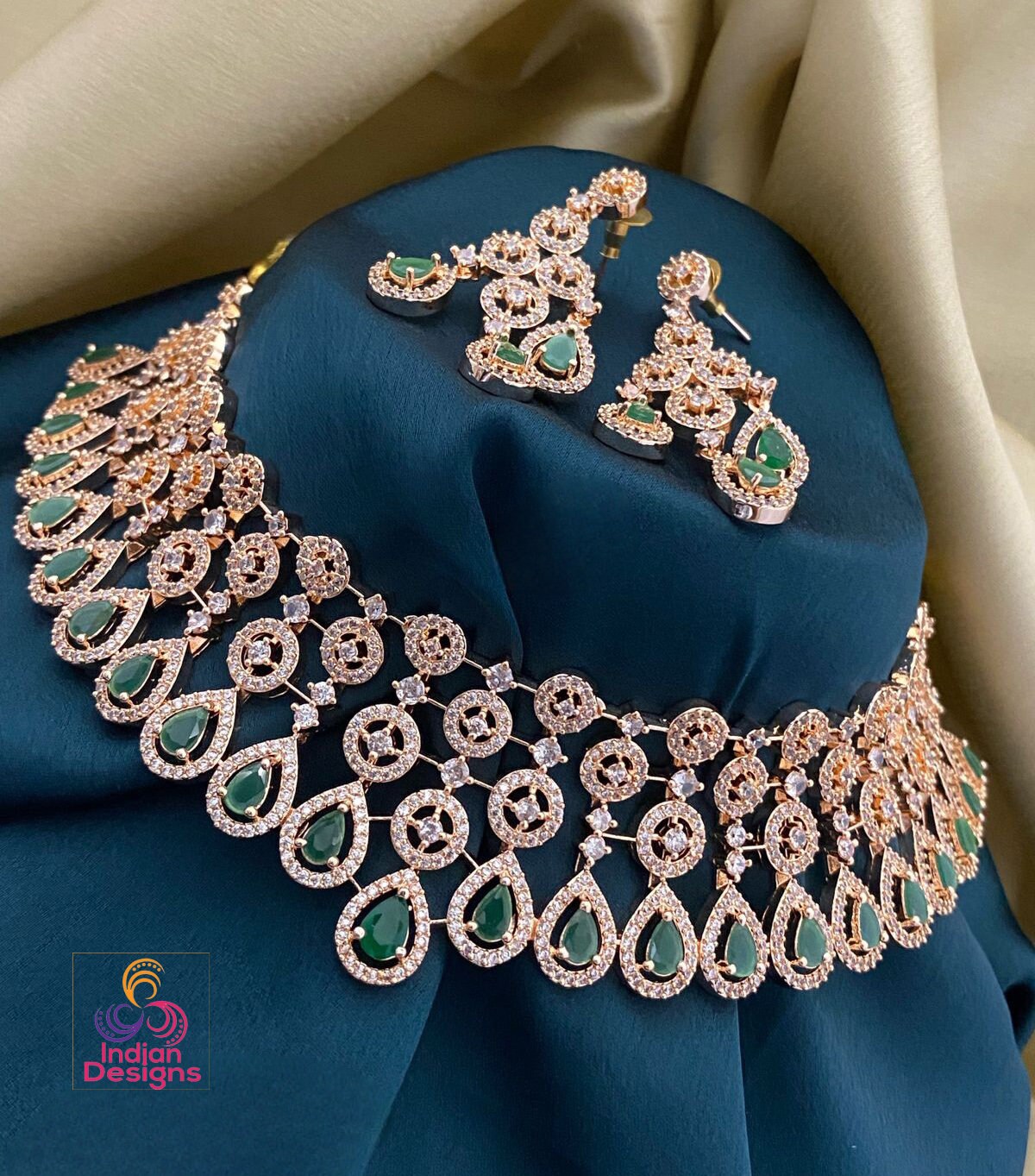 Rose Gold American Diamond Wedding Choker necklace| Cz Crystal choker necklace|Statement Choker Earrings|AD Bridal choker set | Gift for Her