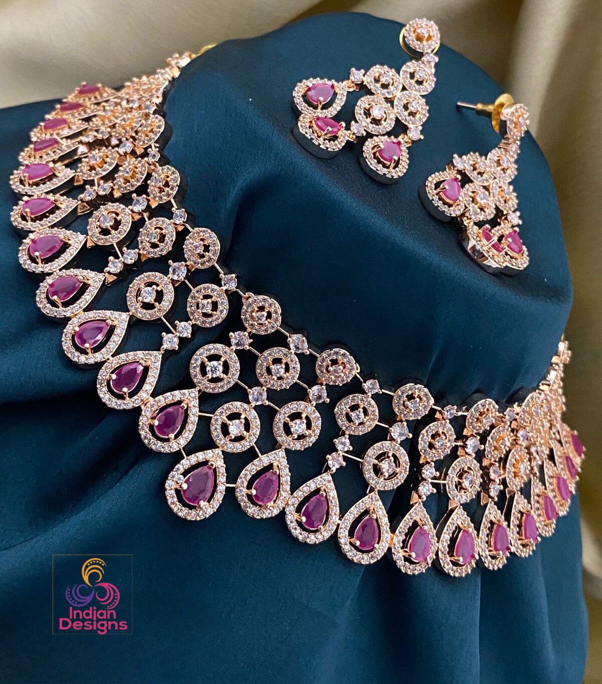 Rose Gold American Diamond Wedding Choker necklace| Cz Crystal choker necklace|Statement Choker Earrings|AD Bridal choker set | Gift for Her