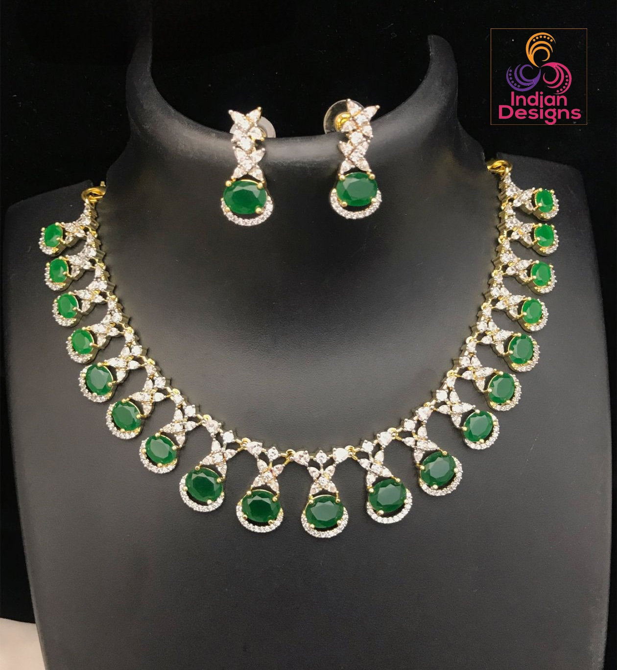 Gold Plated American Diamond Crystal Necklace & Earrings|Cubic Zirconia Ruby/Emerald Oval stone choker Necklace|Gift for her |Indian Designs