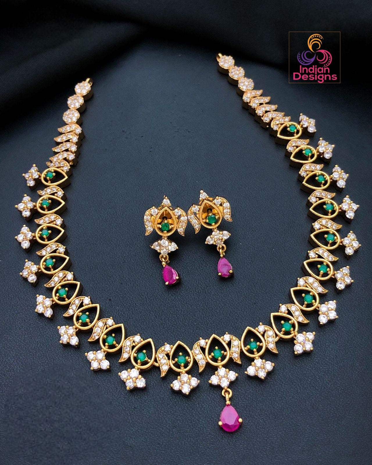 Matte Gold Finish Green & Pink American Diamond Necklace and Earrings Set |South Indian CZ Diamond choker | Indian jewelry sets|Gift for Her