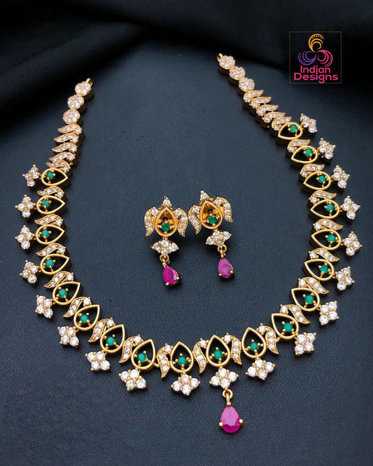 Matte Gold Finish Green & Pink American Diamond Necklace and Earrings Set |South Indian CZ Diamond choker | Indian jewelry sets|Gift for Her