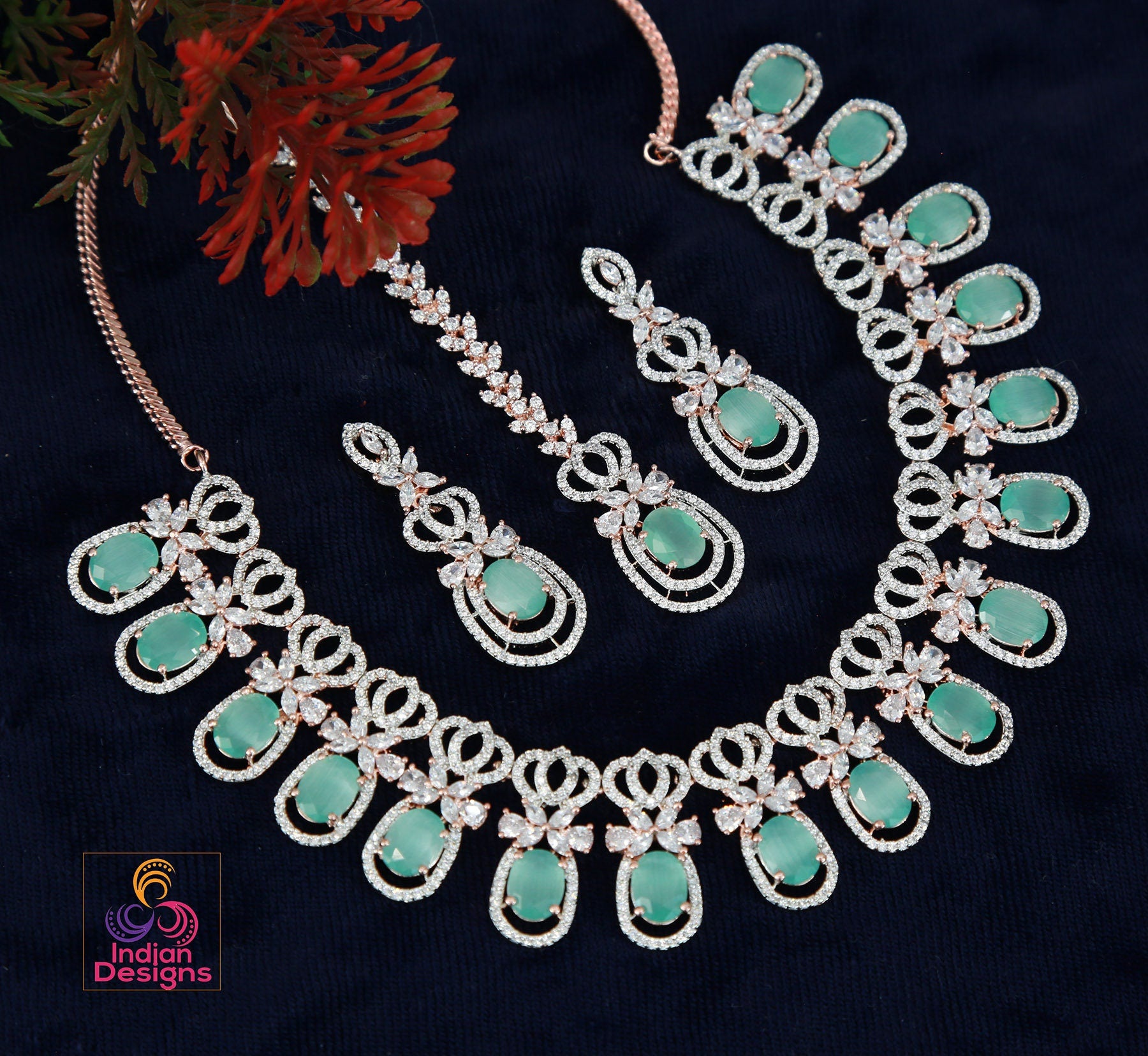 Rose Gold American Diamond CZ Necklace Set Luxury Bridal Formal Wea Indian Designs