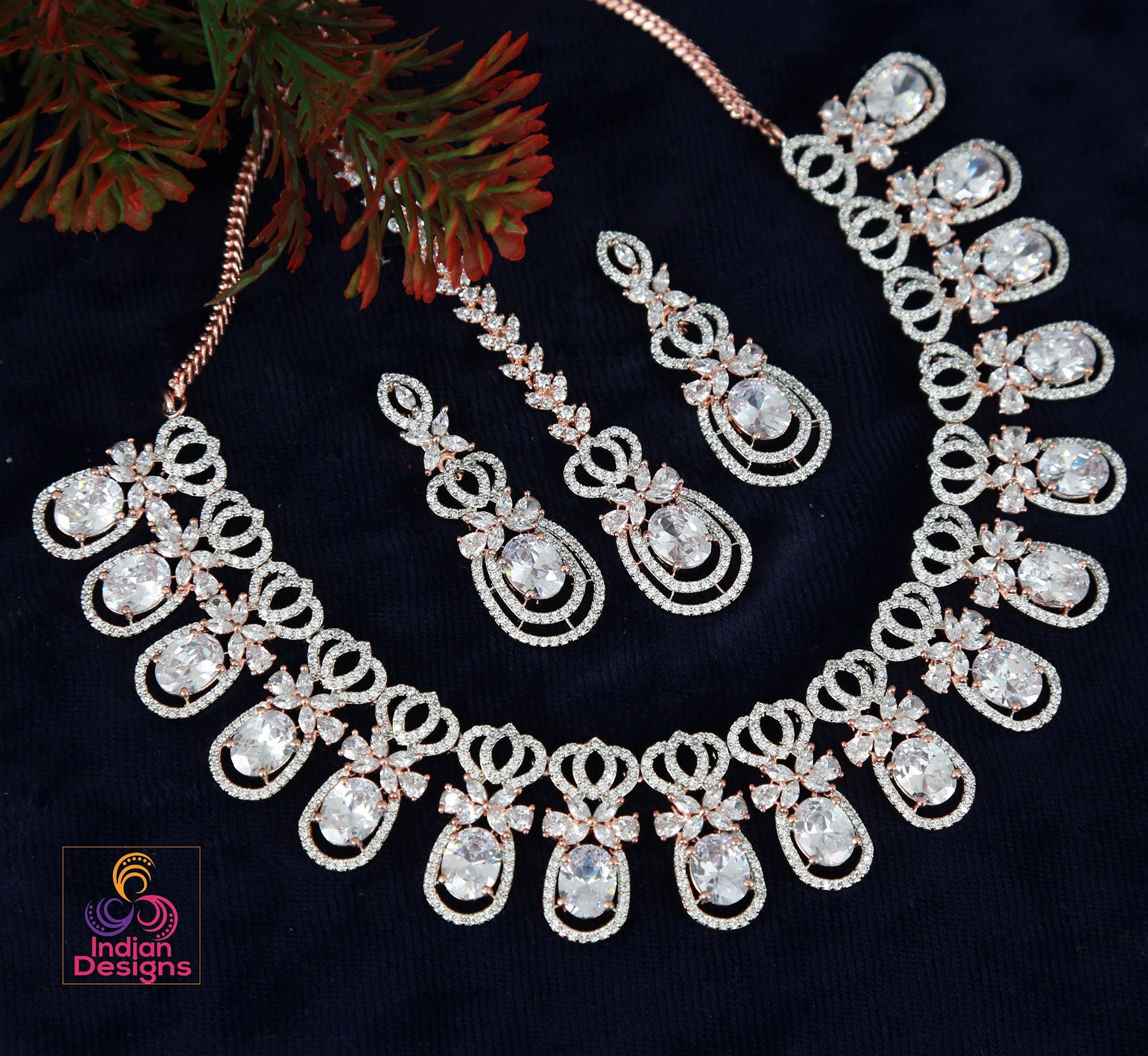 Rose Gold American Diamond CZ Necklace Set| Luxury Bridal & Formal Wear Jewelry|Statement Necklace|Bollywood style Wedding Necklace Earrings