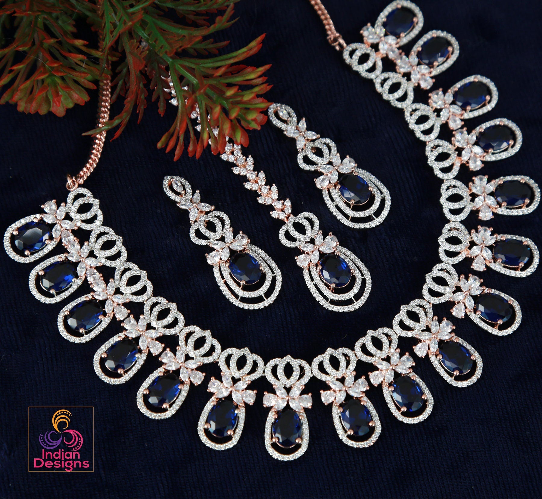 Rose Gold American Diamond CZ Necklace Set| Luxury Bridal & Formal Wear Jewelry|Statement Necklace|Bollywood style Wedding Necklace Earrings